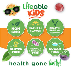 Lifeable vegetarian sugarfree kids fiber gummies packaging — gluten-free, dairy-free, non-GMO.