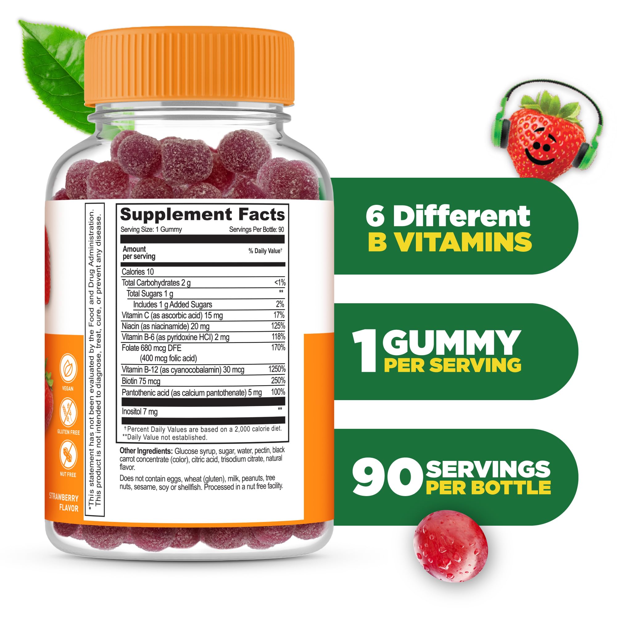 Lifeable Kids B Complex gummies close-up showing strawberry flavor.