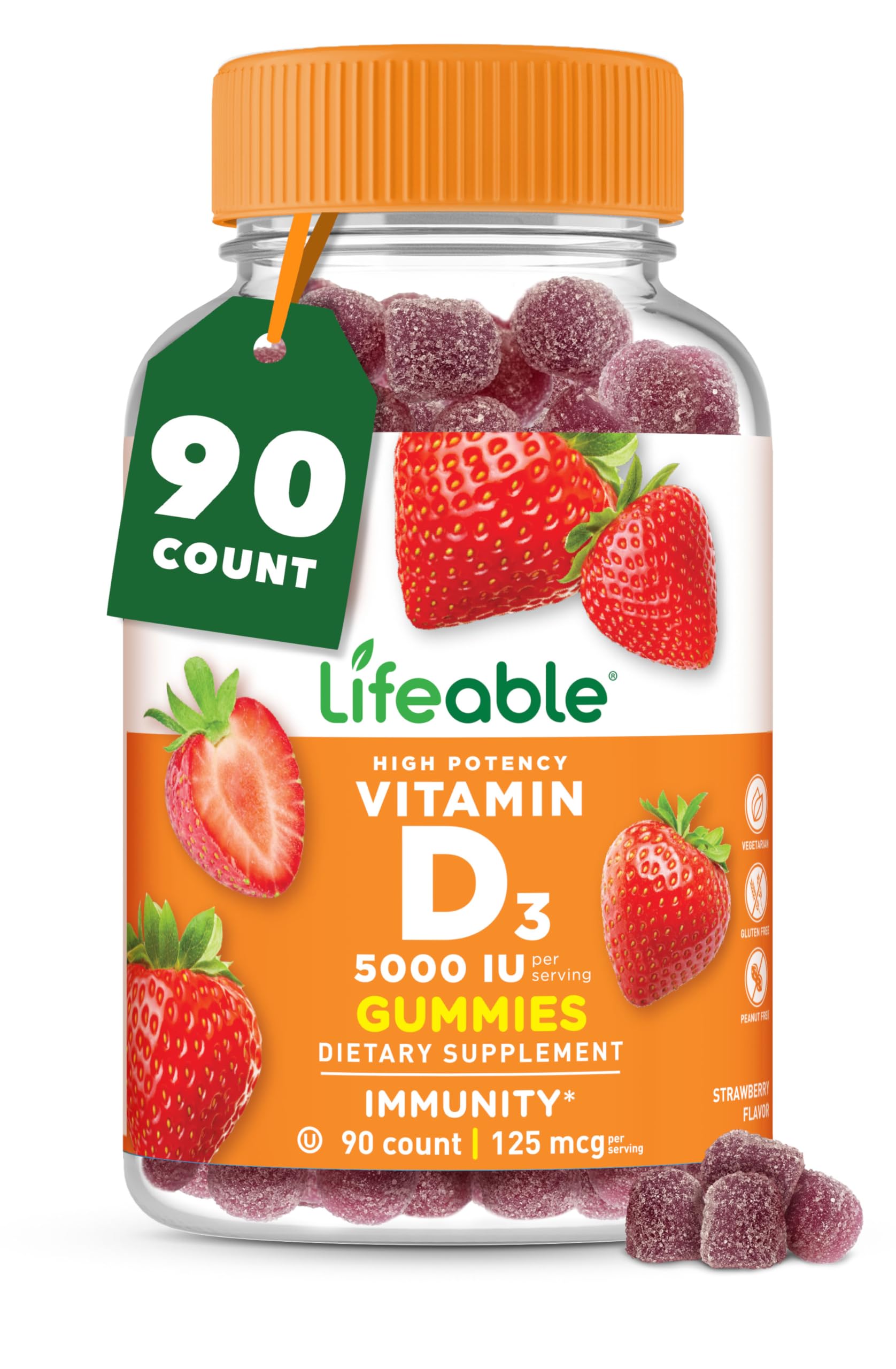 Lifeable Vitamin D Gummies strawberry flavor bottle promoting bone health and immune support.