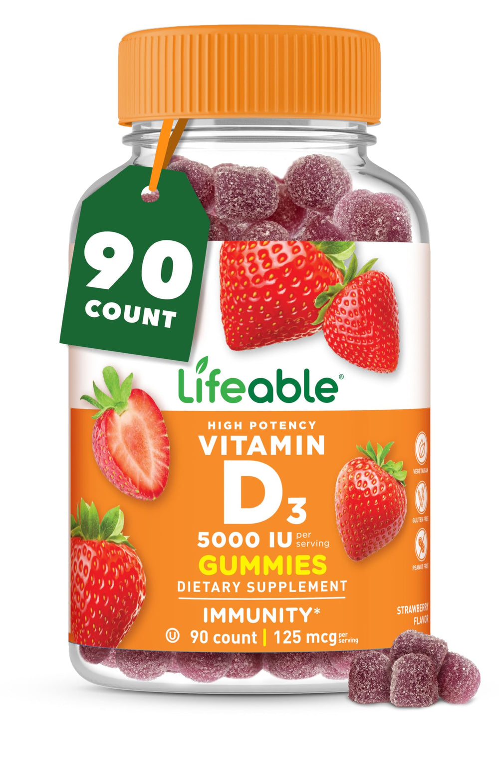 Lifeable Vitamin D Gummies strawberry flavor bottle promoting bone health and immune support.