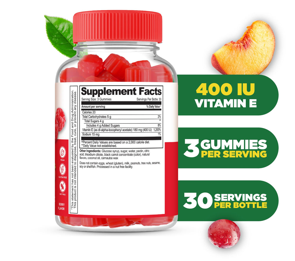 Lifeable Vitamin E Gummies close-up shows chewy texture and berry taste