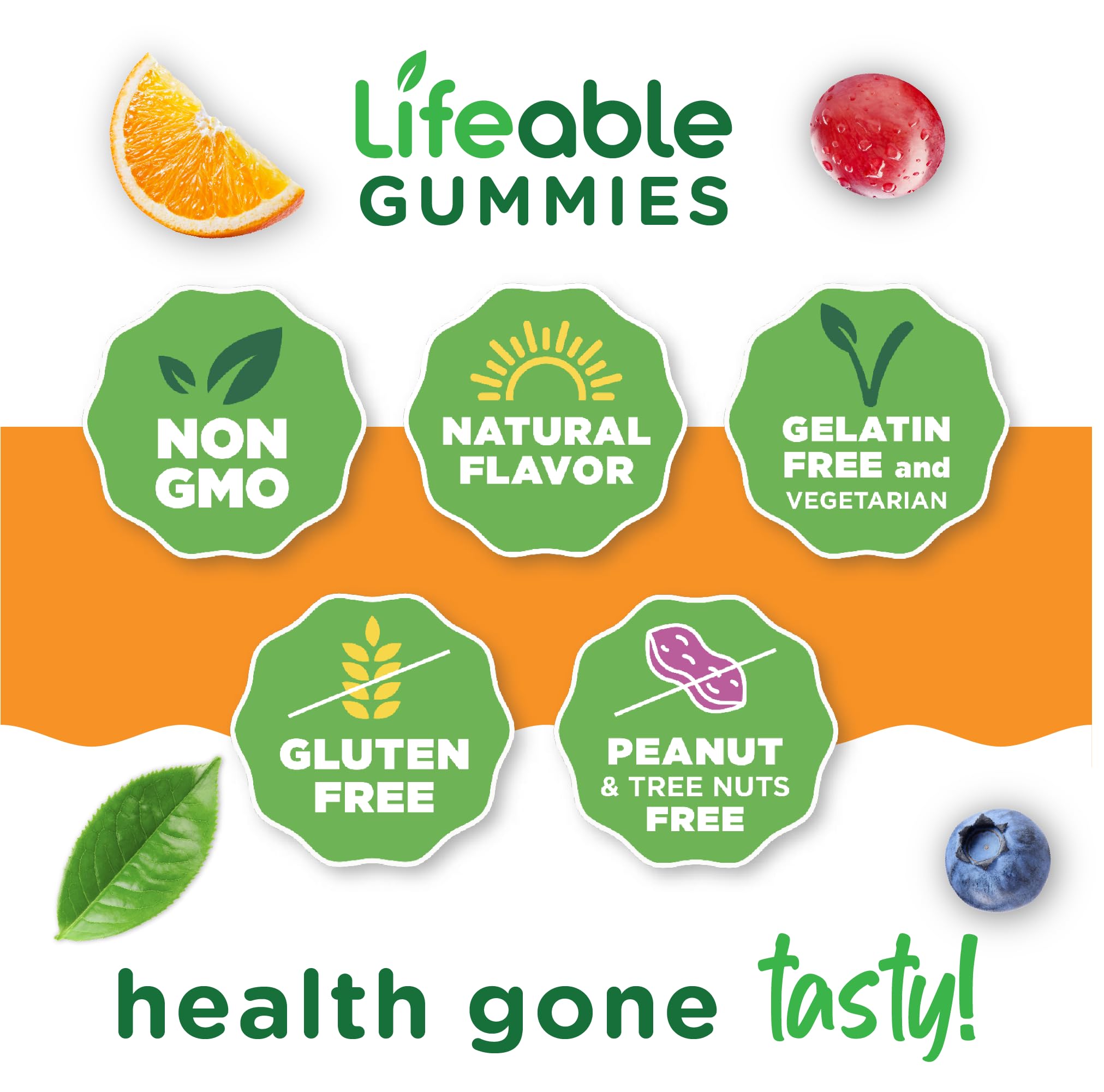Lifeable Vitamin E Gummies label notes vegetarian, non-GMO, gluten-free attributes