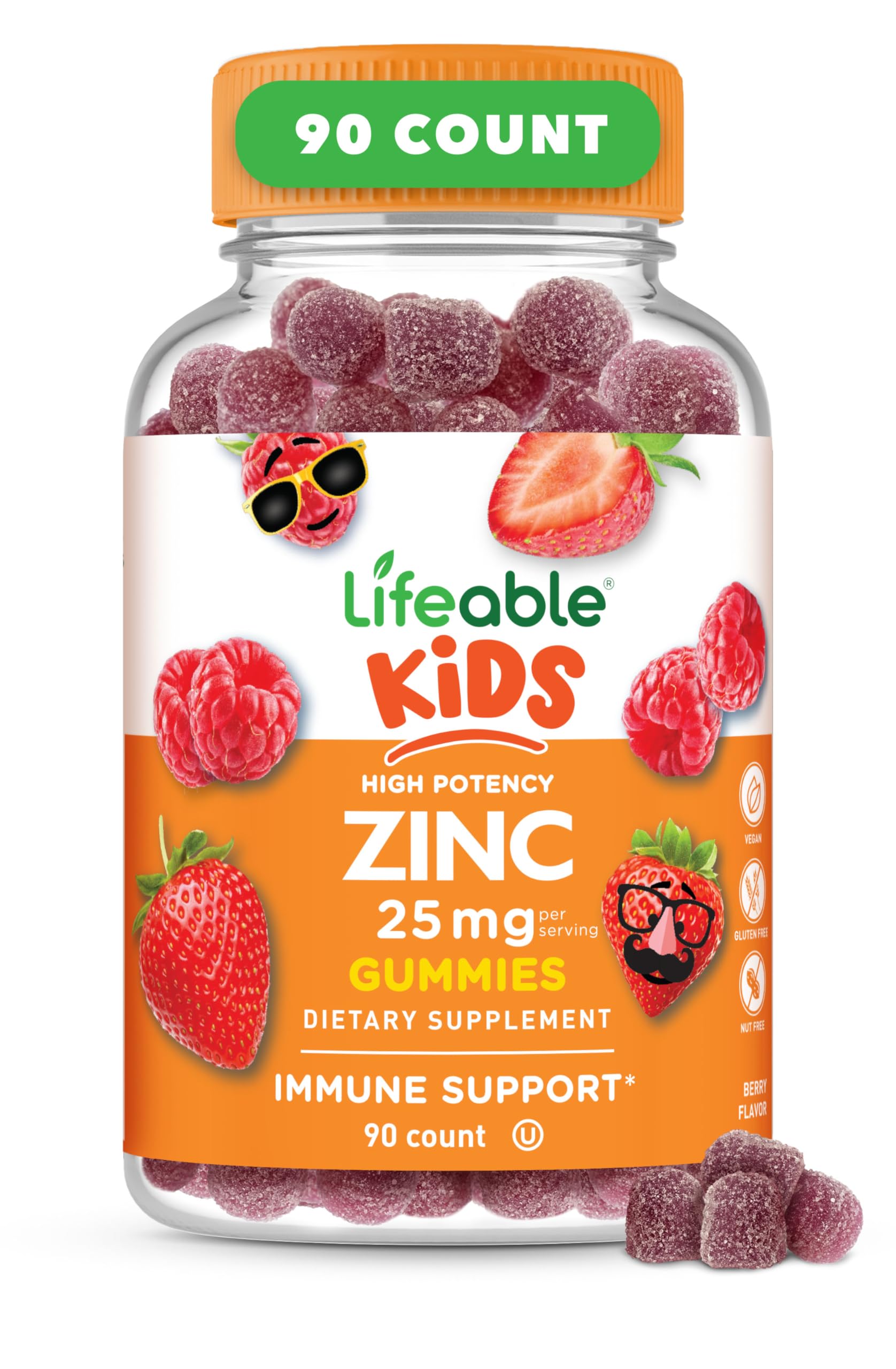 Lifeable Zinc for Kids bottle front shows a tasty, berry-flavored supplement for daily wellness.