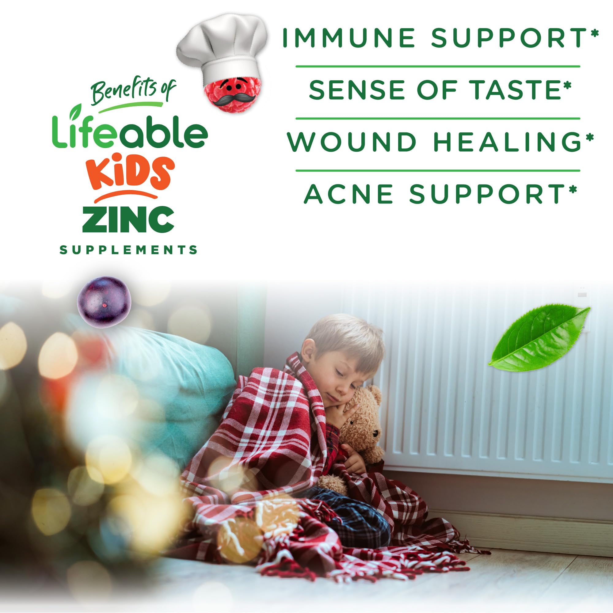 Lifeable zinc kids pile of gummies showing 25 mg per serving size.