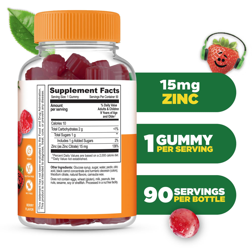 Lifeable Zinc Gummies for Kids bottle back label with nutrition facts and guidance for parents.