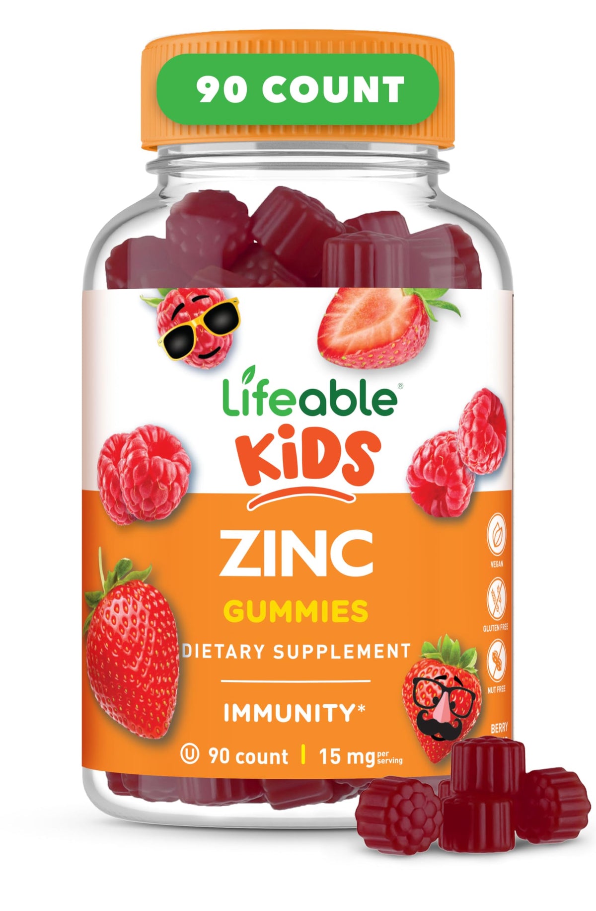 Lifeable Zinc Gummies for Kids bottle front with berry label; supports daily immune balance.