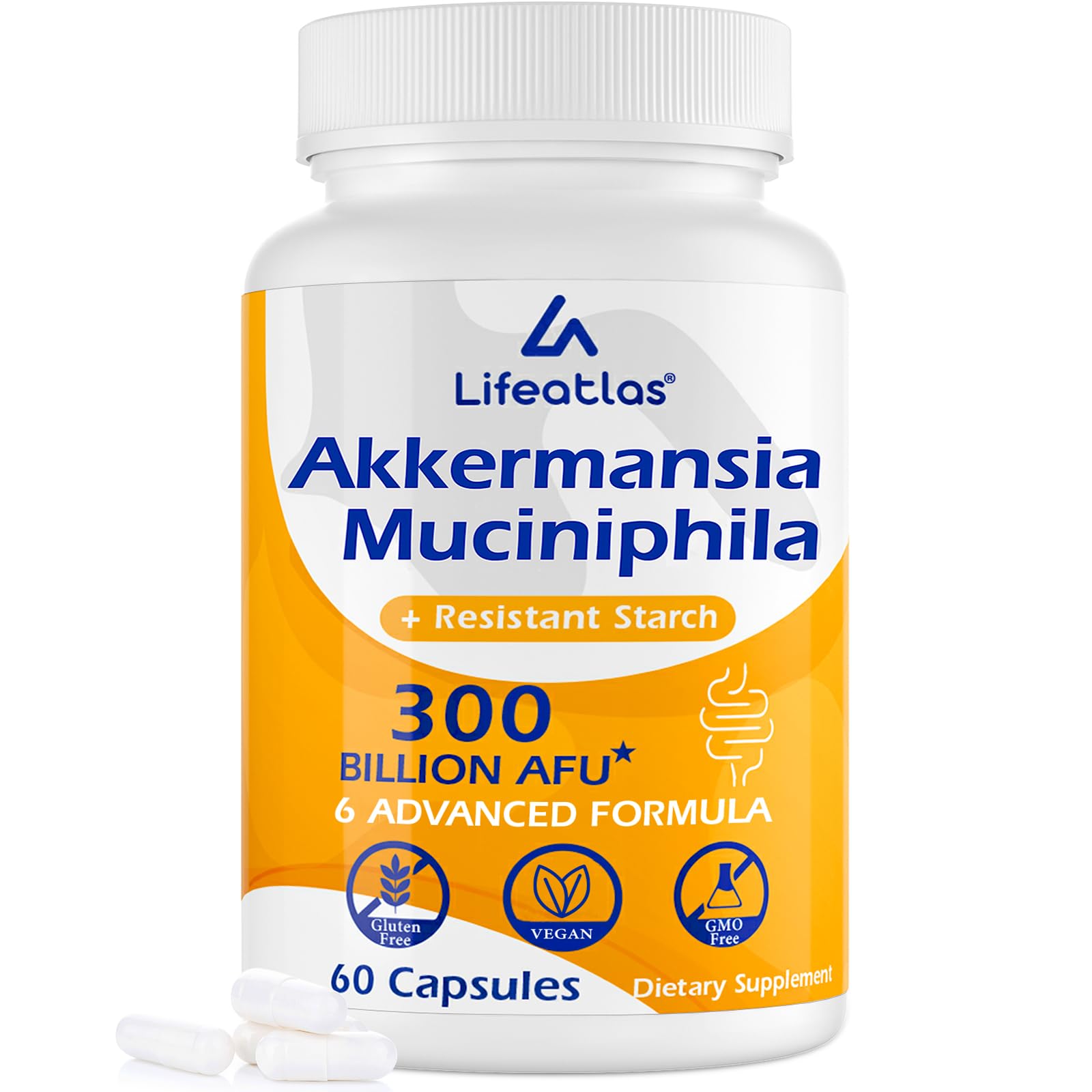 Lifeatlas Akkermansia bottle front, highlighting the 300B AFU probiotic for daily gut support.