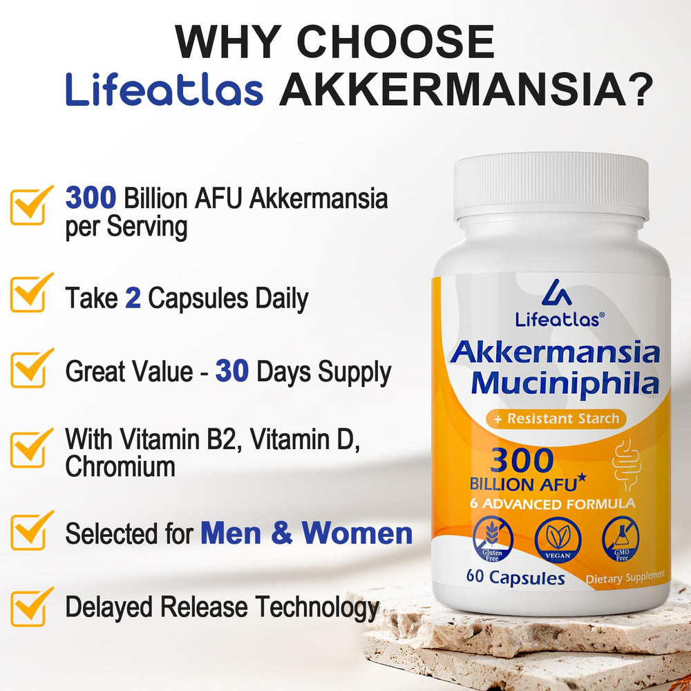 Lifeatlas Akkermansia bottle with glass of water ready for daily use.