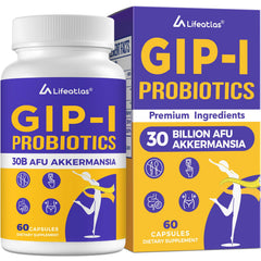 Lifeatlas GIP probiotic bottle front showing 30B AFU Akkermansia for daily support