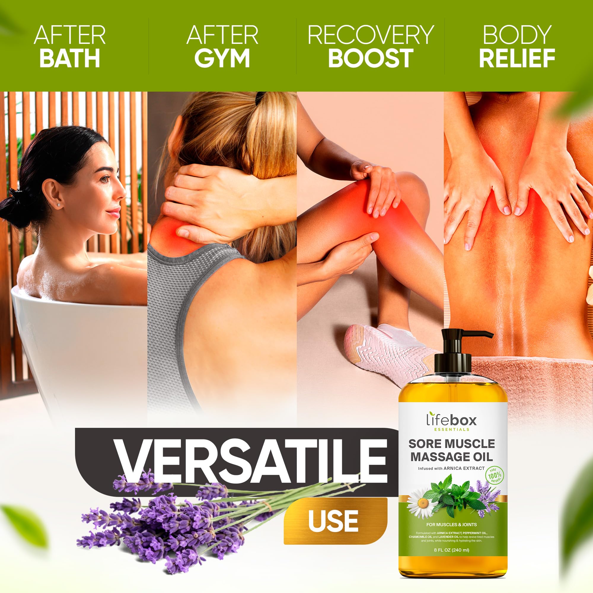8 oz Lifebox Essentials bottle ready for home massage routines