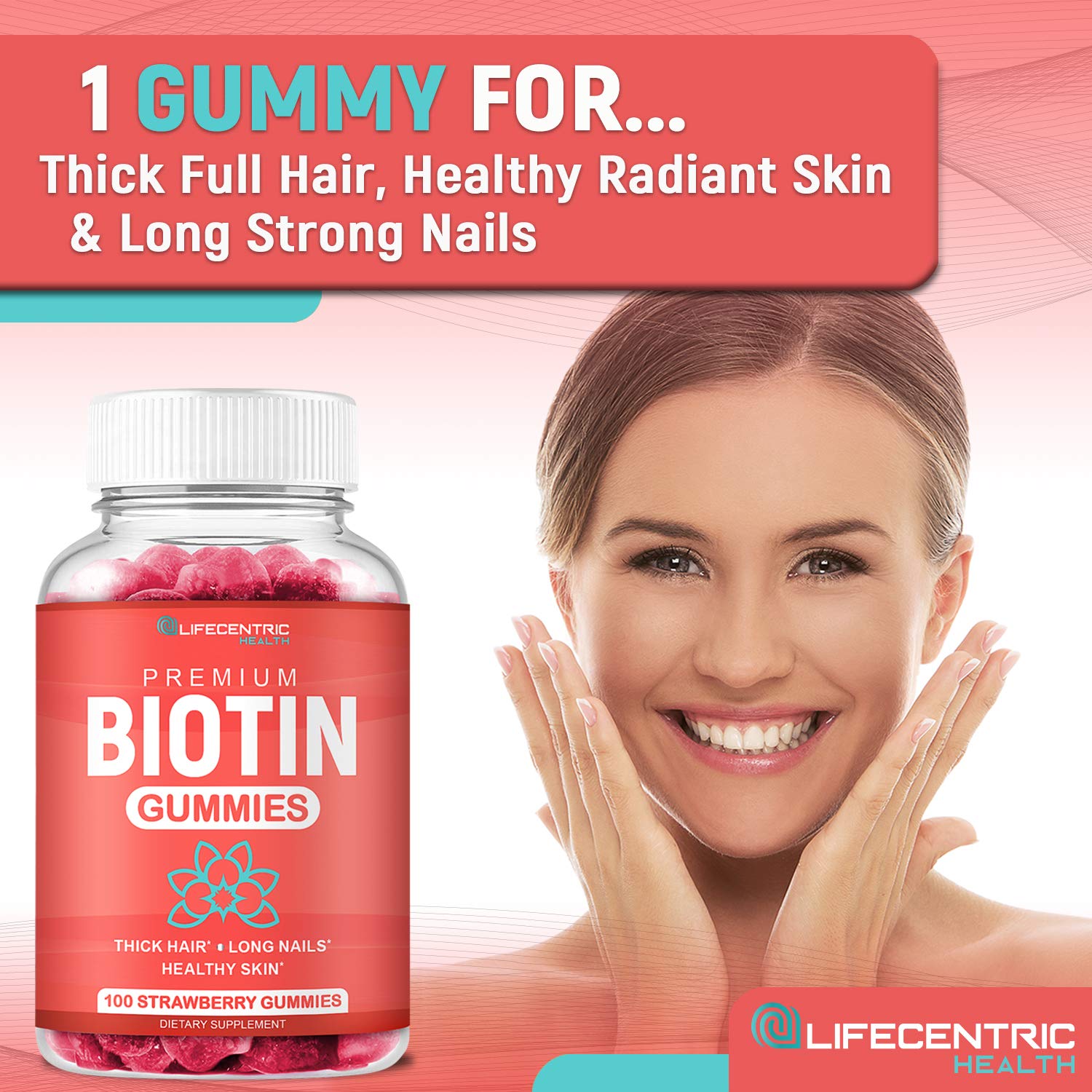 LifeCentric Health Biotin Gummies label closeup with quality cues
