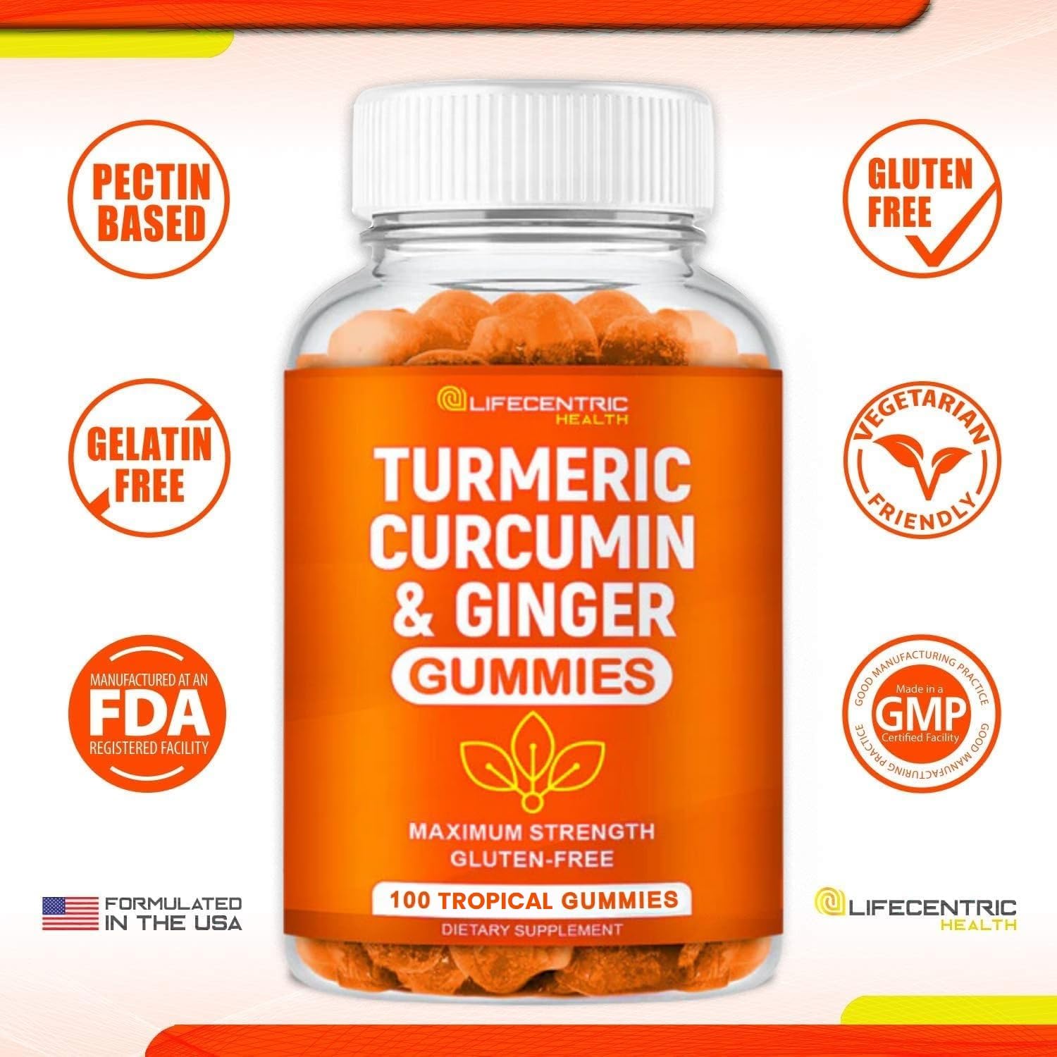LifeCentric Health curcumin-ginger gummies ingredients panel highlighting vegan, non-GMO formula.