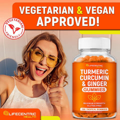 LifeCentric Health vegan non-GMO turmeric gummies packaging on shelf.