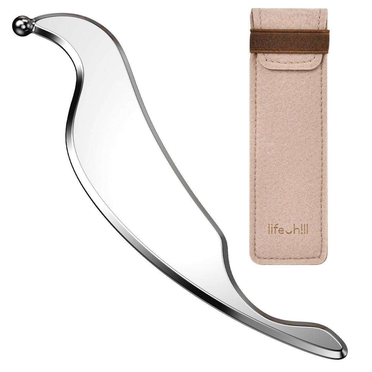 LifeChill 3in1 gua sha tool close-up in stainless steel for precise deep-tissue release.