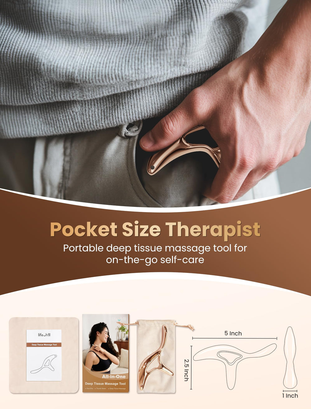 Lifechill gold finish massage tool adds premium feel and durability.