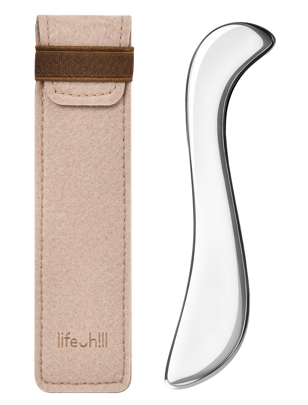 Lifechill stainless steel gua sha tool for full-body massage and smooth glide.