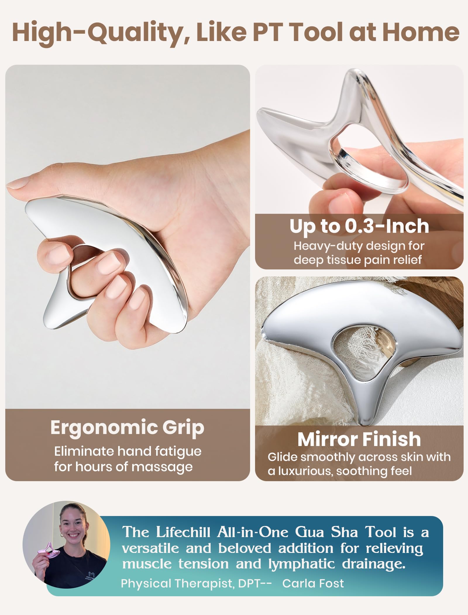 Lifechill muscle scraper tool demonstrates knot release and targeted relief for sore muscles.