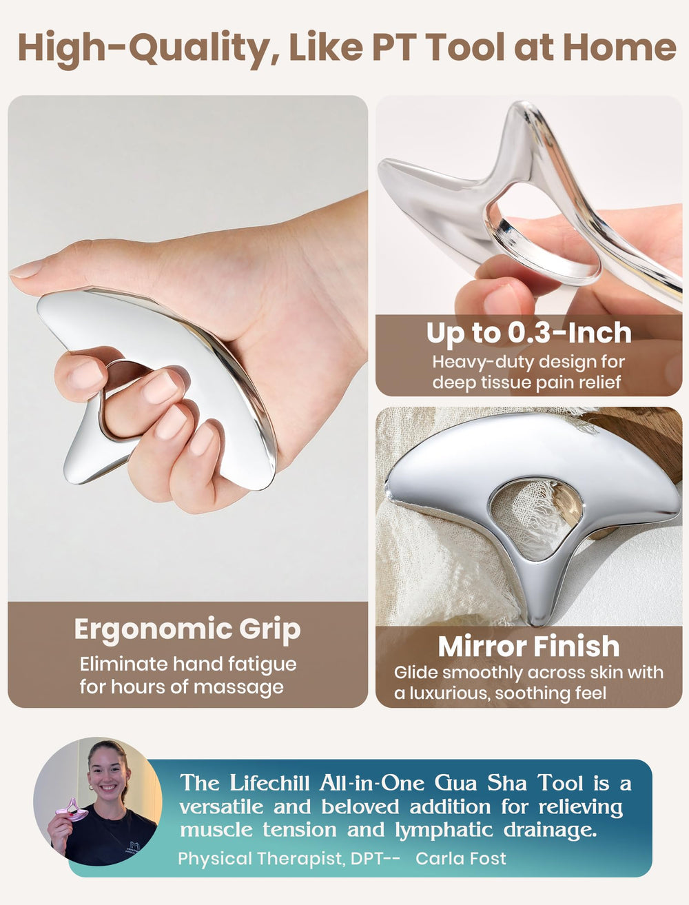 Lifechill muscle scraper tool demonstrates knot release and targeted relief for sore muscles.