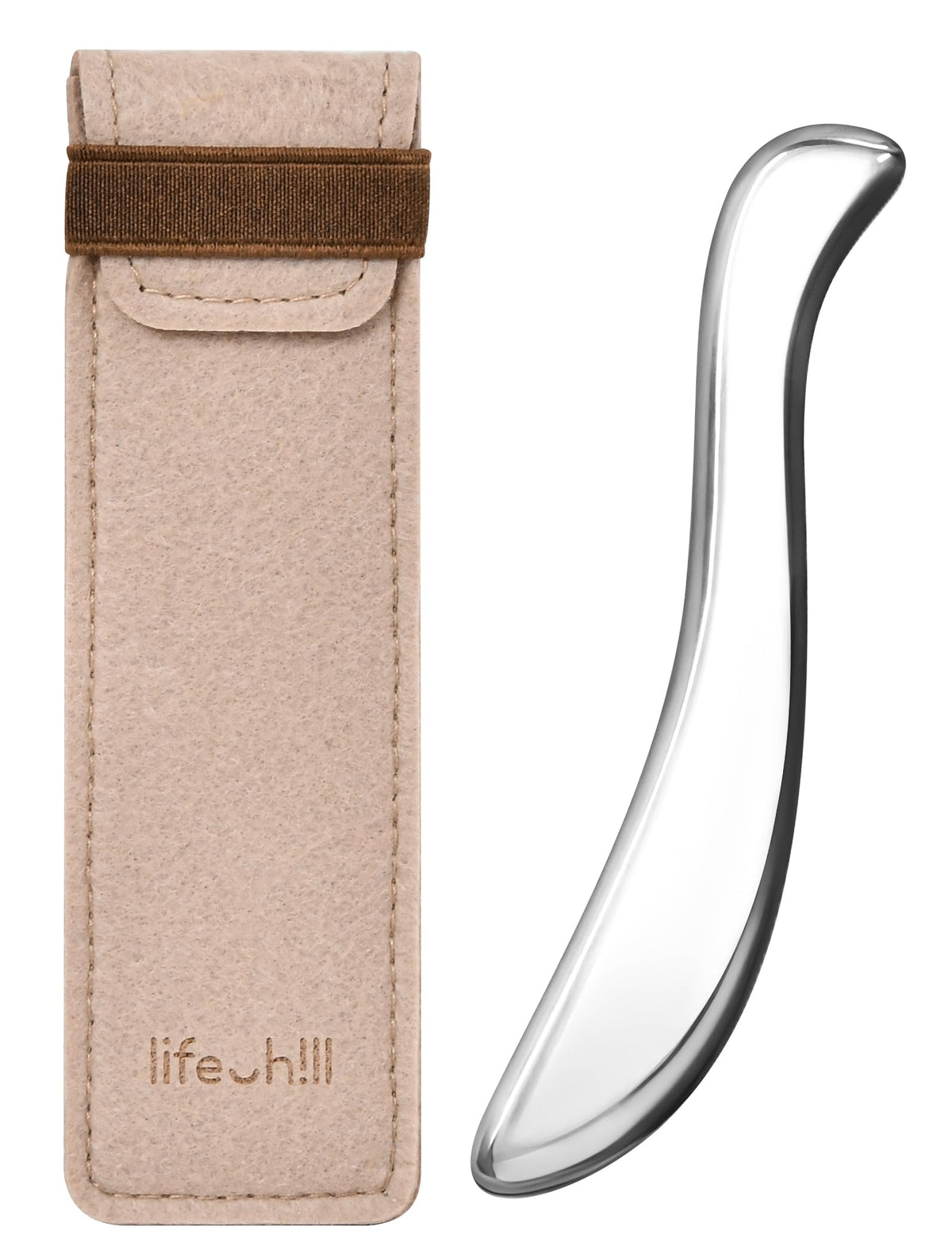 Lifechill Gua Sha tool front view with mirror finish for effortless glide during self-care.