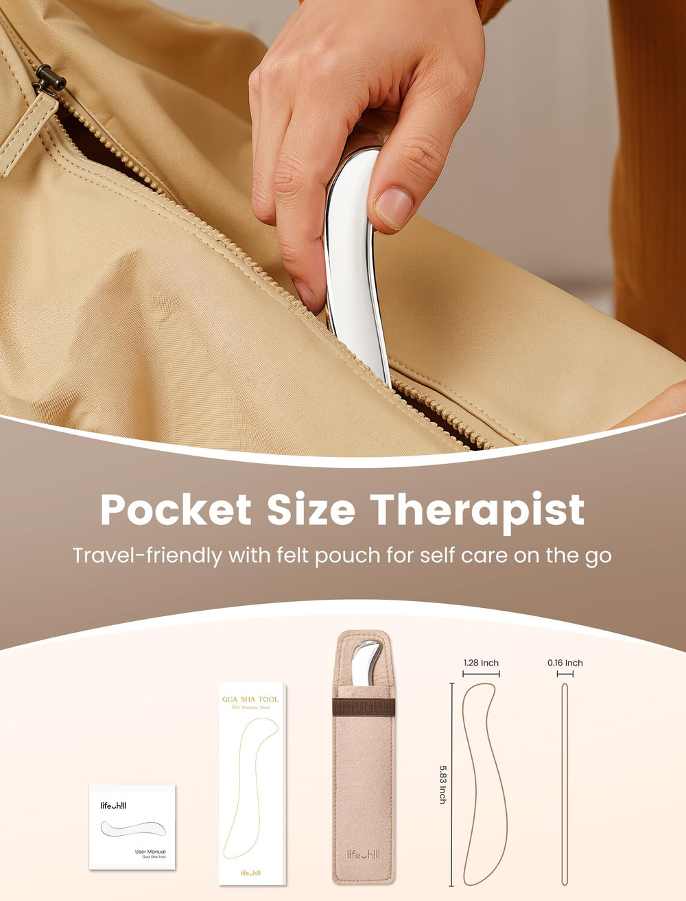 Lifechill Gua Sha tool pocket-size for quick self-care sessions anywhere.