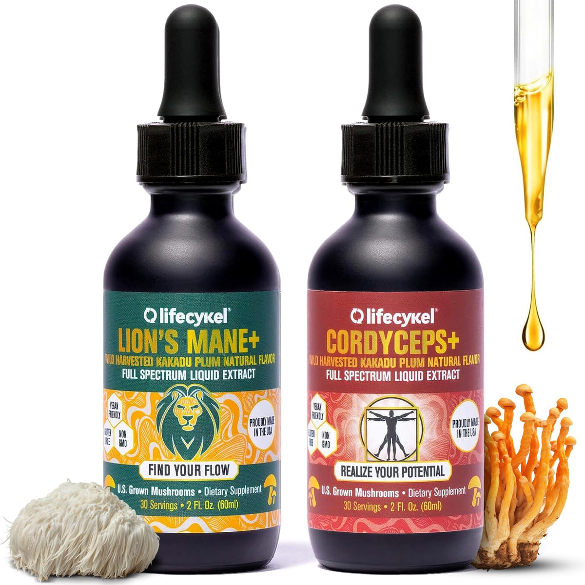 Life Cykel bottle of Cordyceps and Lion's Mane for daily energy and focus.