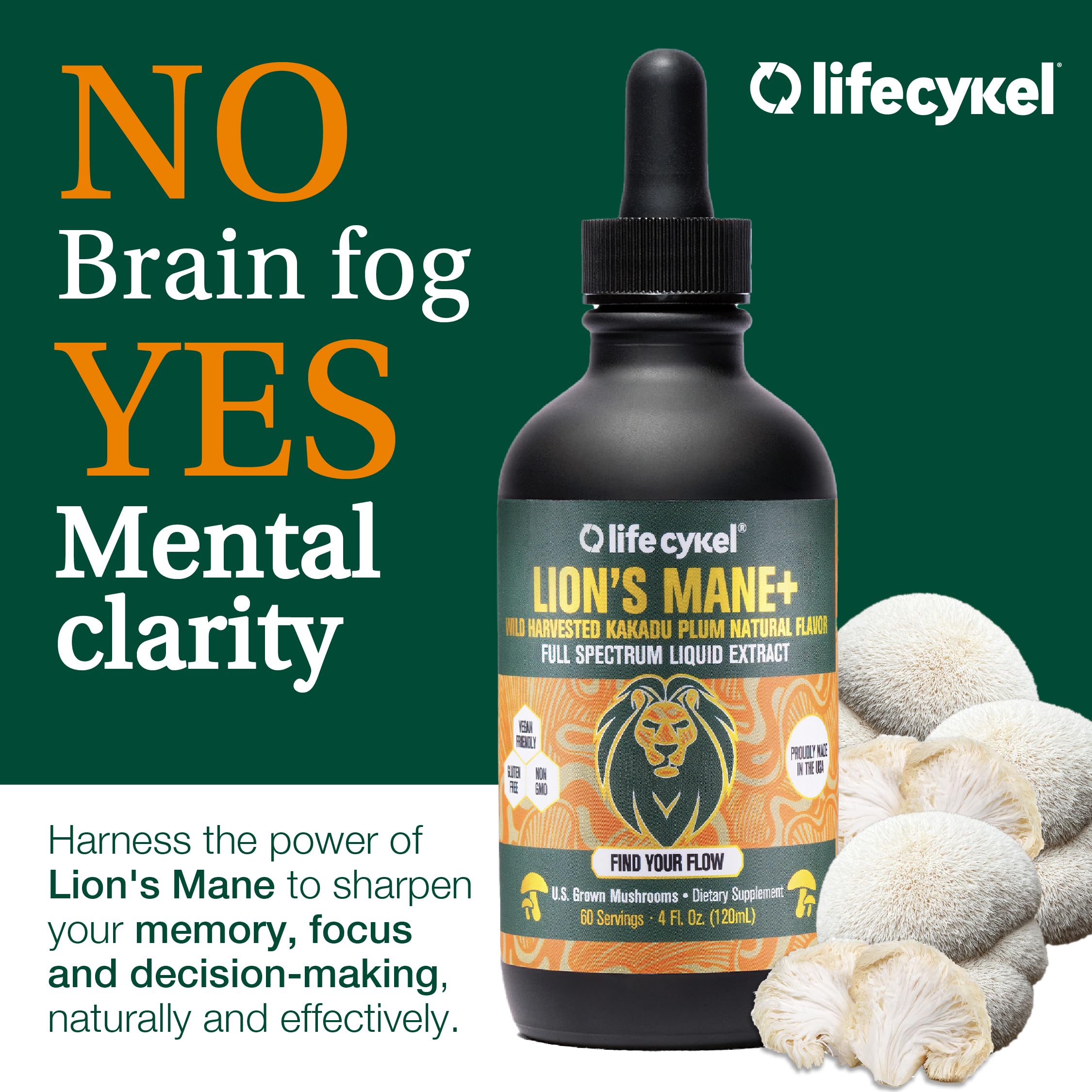 Life Cykel Lion's Mane bottle pour illustrating easy daily dosing