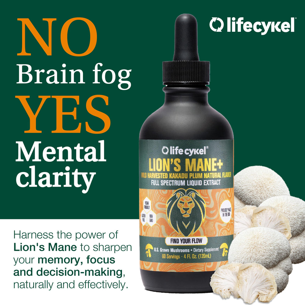 Life Cykel Lion's Mane bottle pour illustrating easy daily dosing