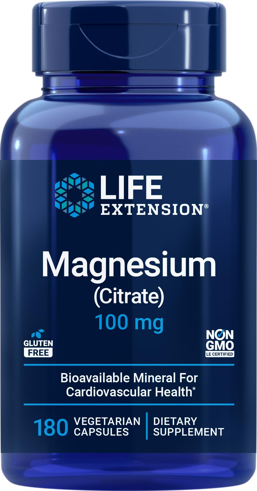 Life Extension Magnesium Citrate bottle front showing 180 vegan capsules for daily mineral support