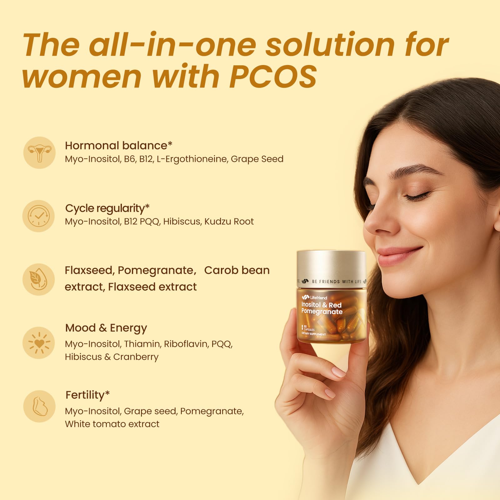 LIFEFRIEND PCOS supplements bottle label highlights 40:1 ratio for harmony