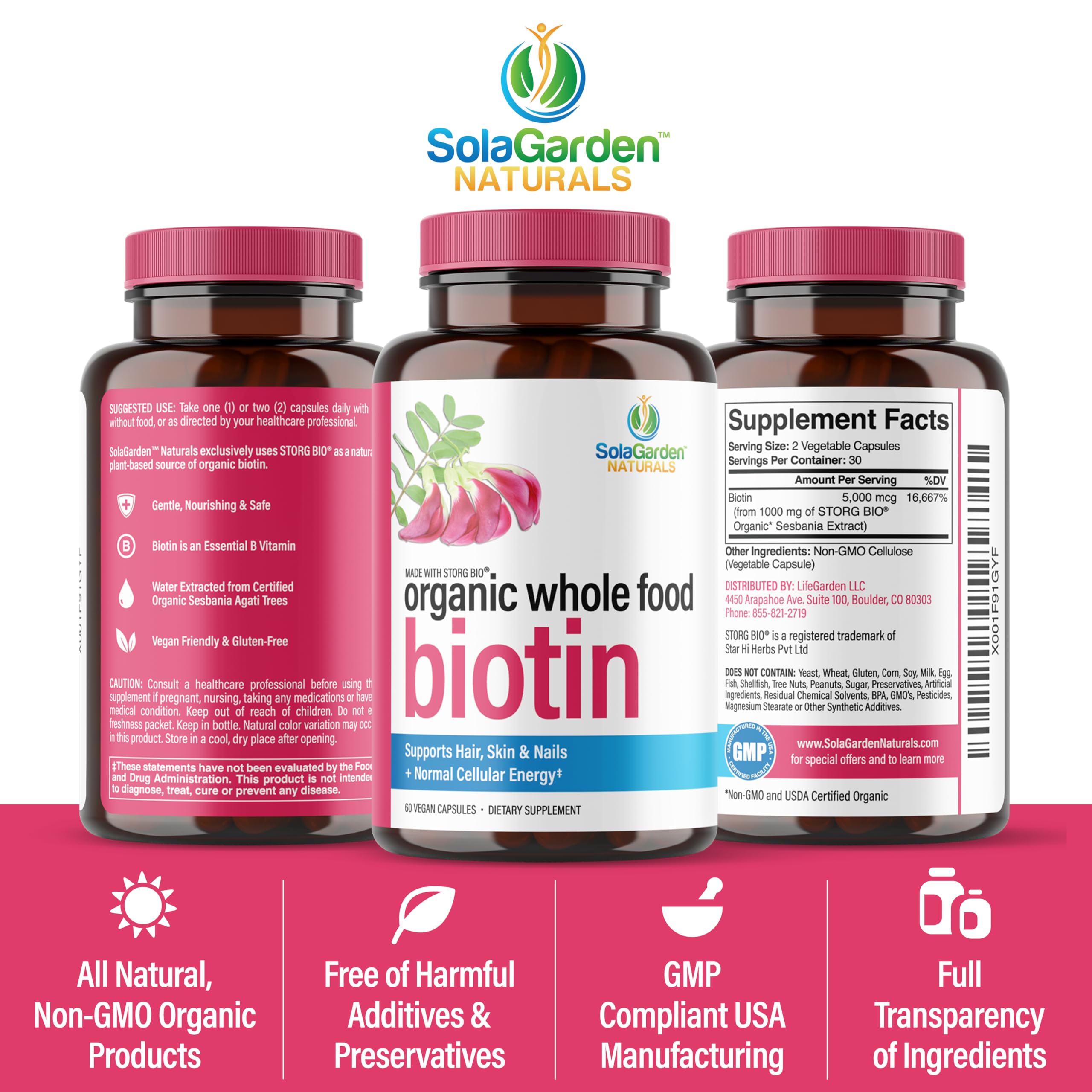 LifeGarden Naturals biotin veggie capsules packaging showing vegan features