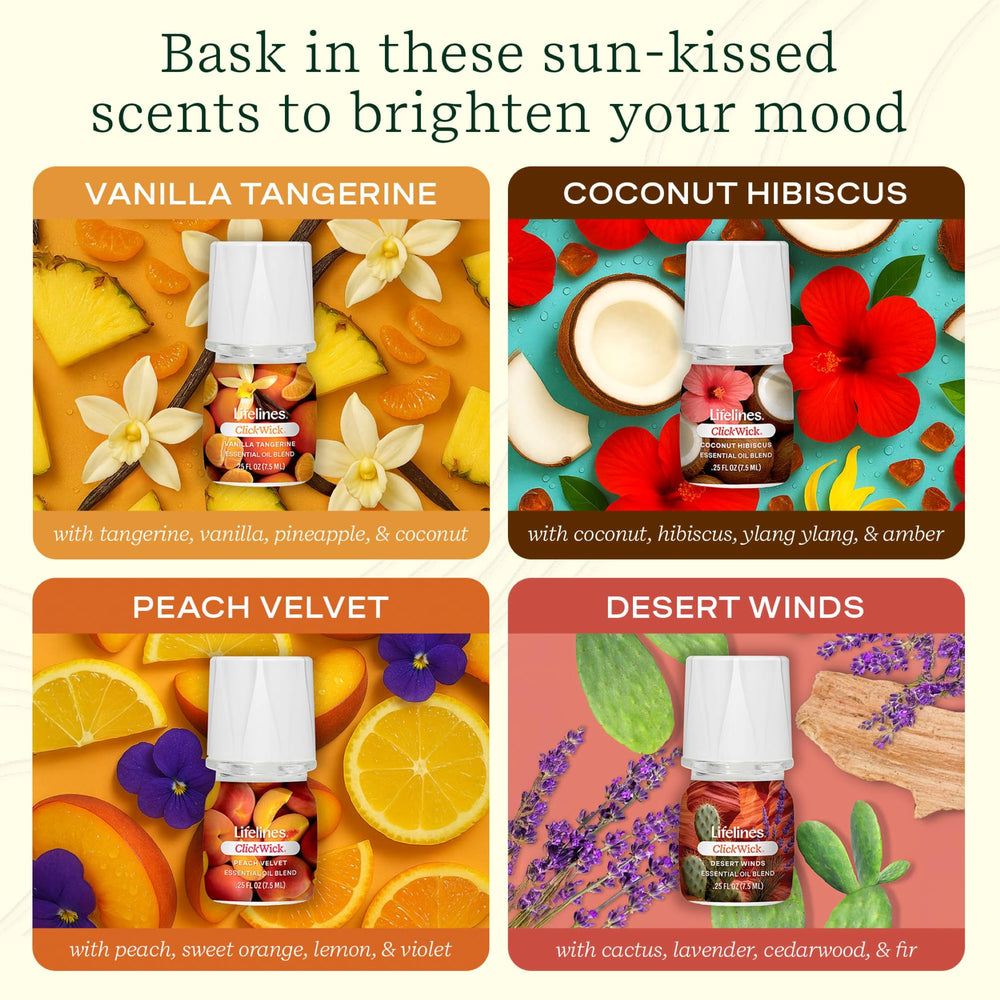 Lifelines ClickWick Vanilla Tangerine bottle near diffuser for warm, inviting aroma