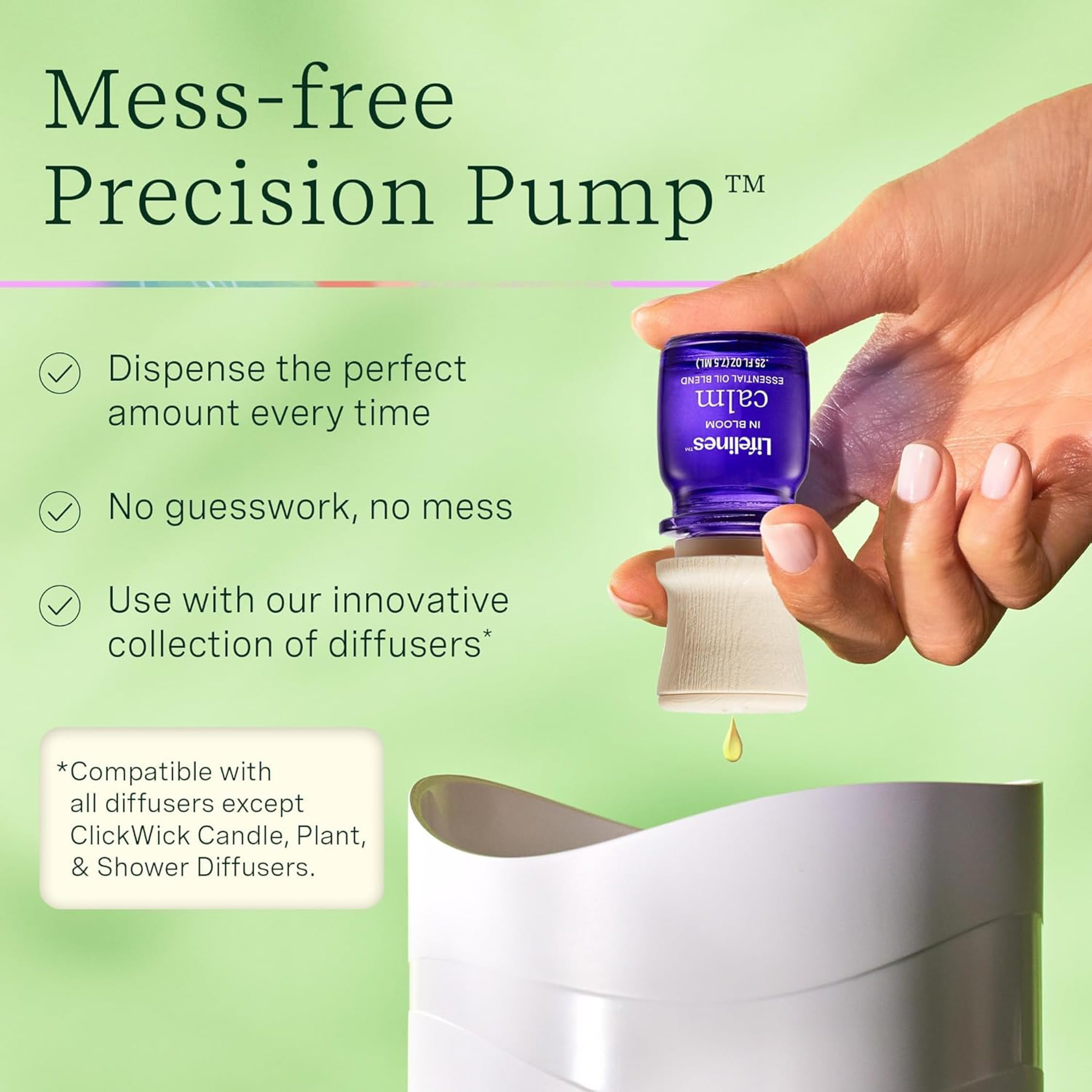 Lifelines In Bloom precision pump close-up showing mess-free dispensing for diffusers.