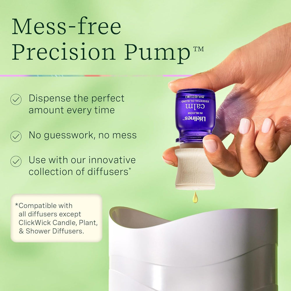 Lifelines In Bloom precision pump close-up showing mess-free dispensing for diffusers.