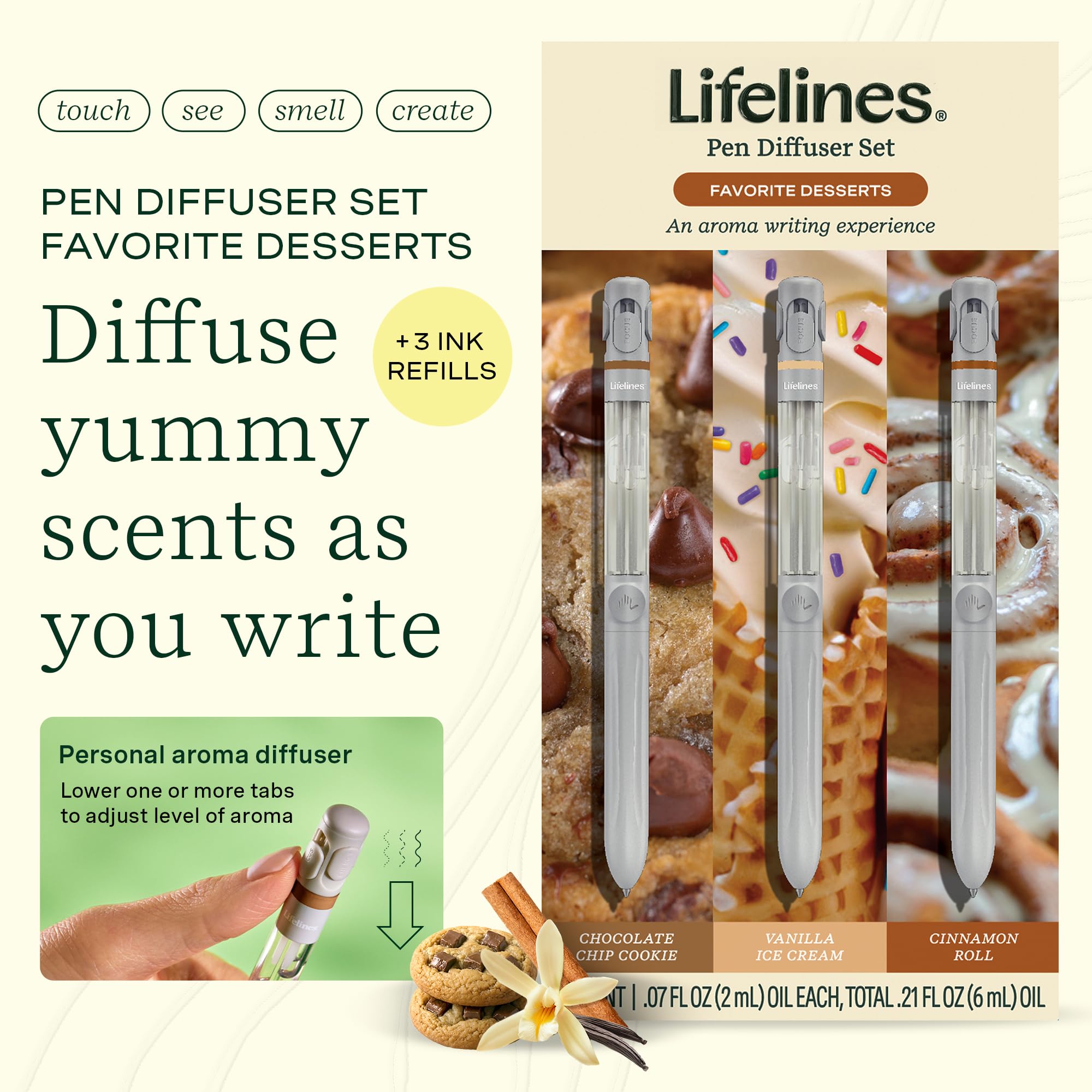 Chocolate chip cookie scent from Lifelines pen diffuser enhances cozy writing sessions.