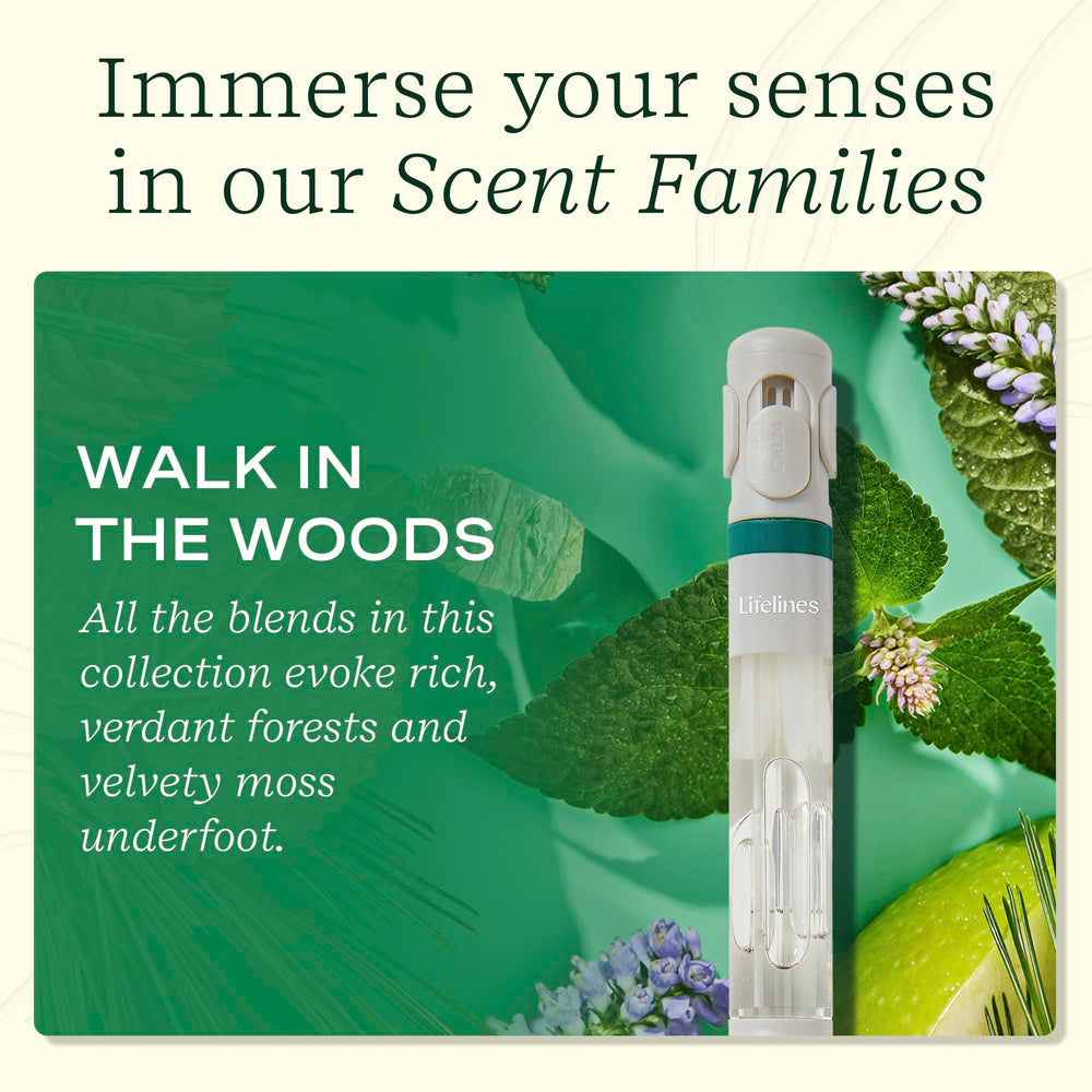 Lifelines Walk in the Woods forest scent image showing aroma diffusion for writing sessions.
