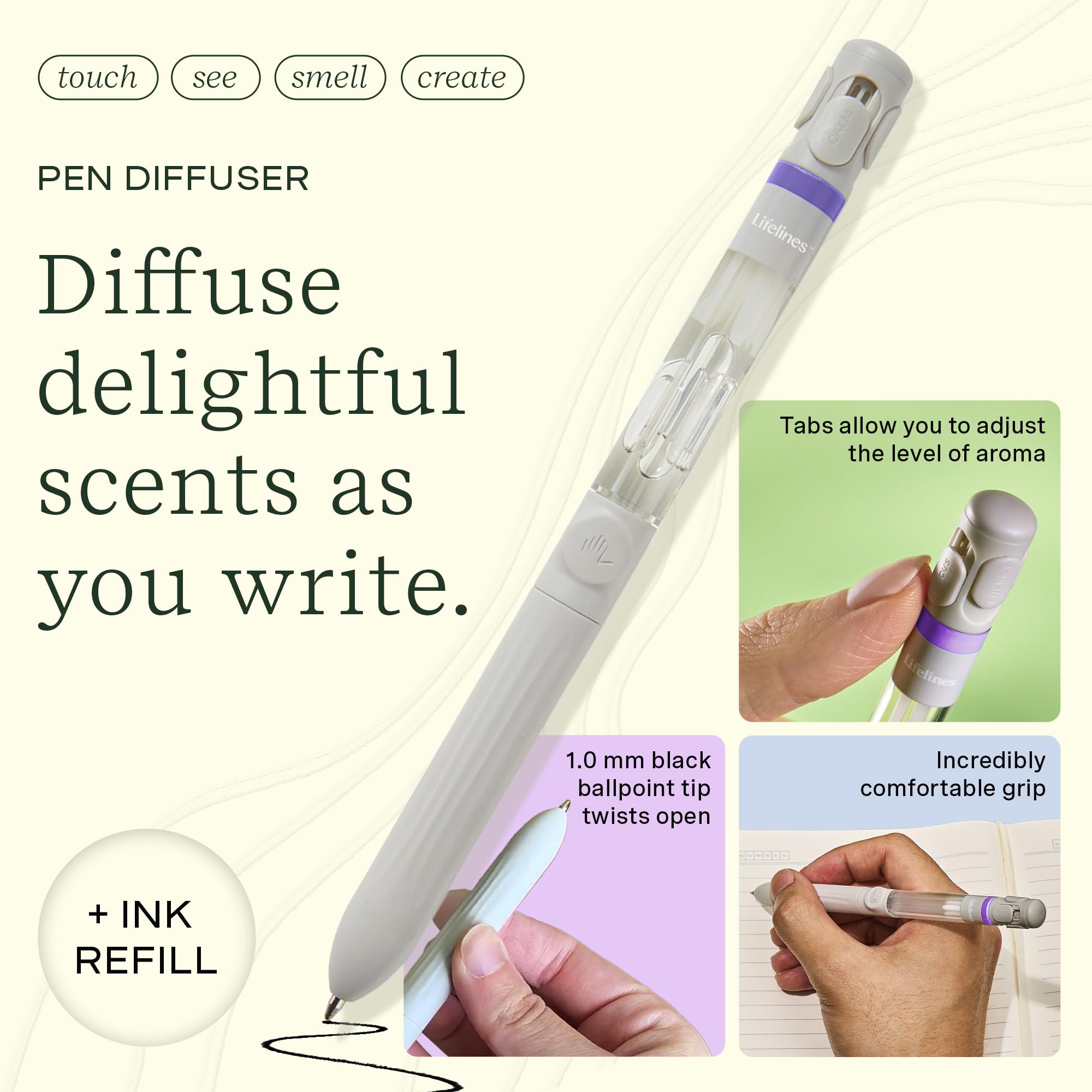 Lifelines Pen Diffuser ink refill close-up showing long-lasting scent during writing