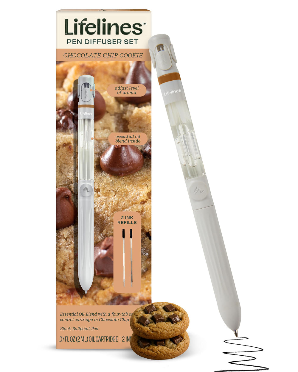 Lifelines Pen Diffuser galleta con chispas de chocolate en mano, experiencia de escritura aromática