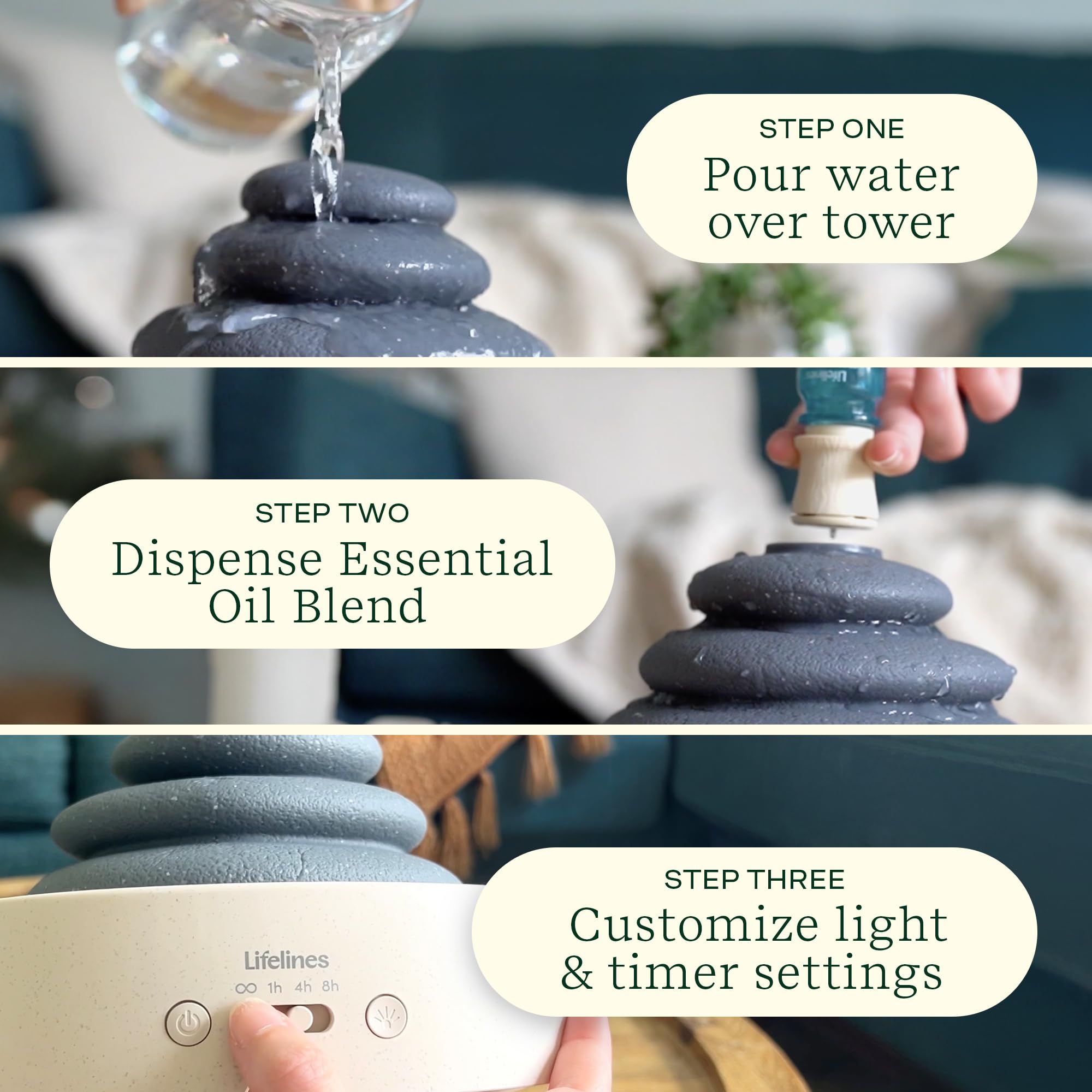 Lifelines stacking stones diffuser shows reflecting pool and mist as centerpiece.