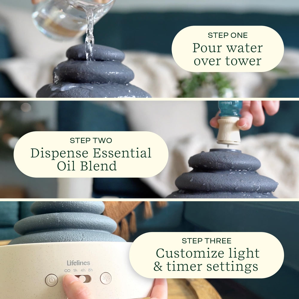 Lifelines stacking stones diffuser shows reflecting pool and mist as centerpiece.