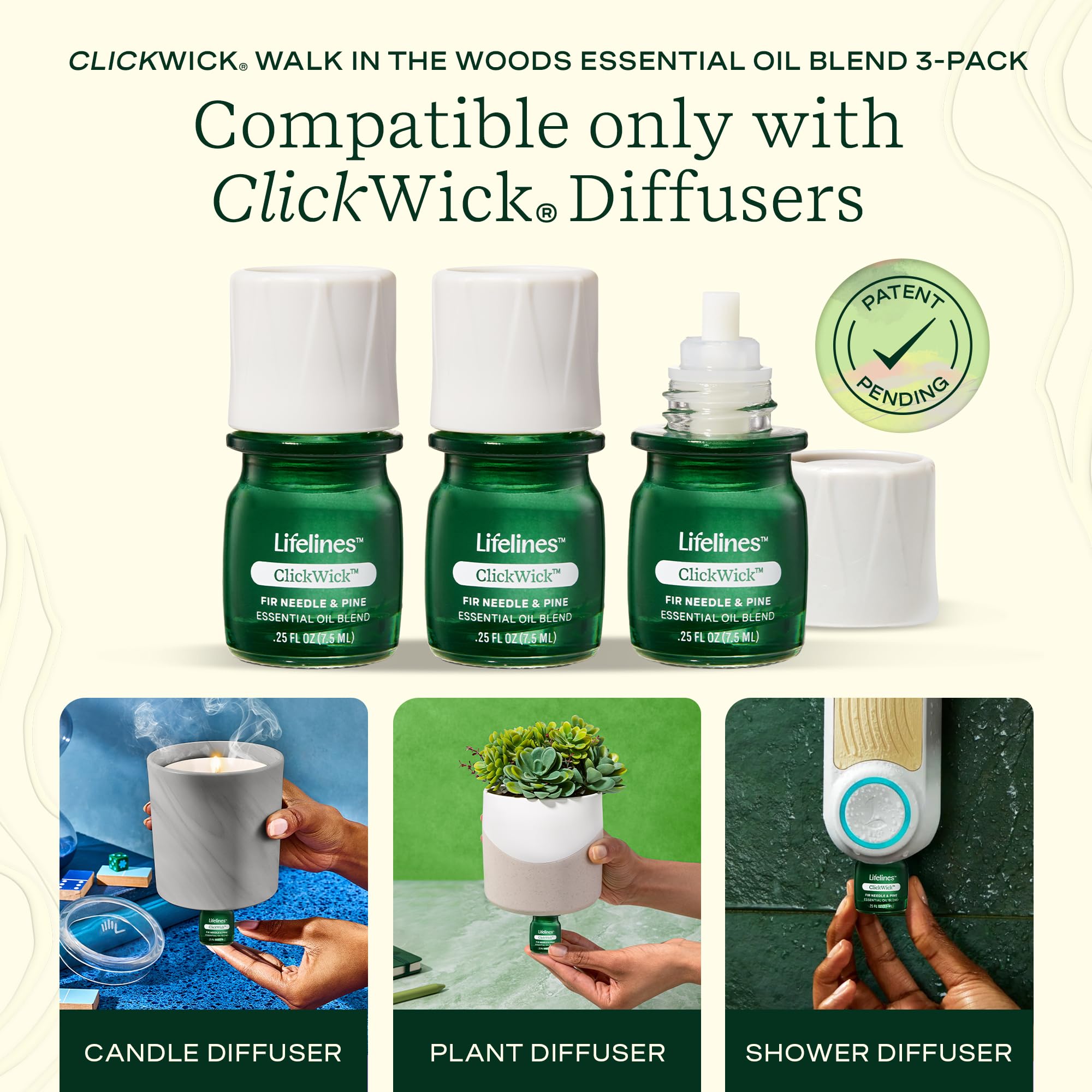 Walk in the Woods ClickWick 3-pack in diffuser display showing easy compatibility.