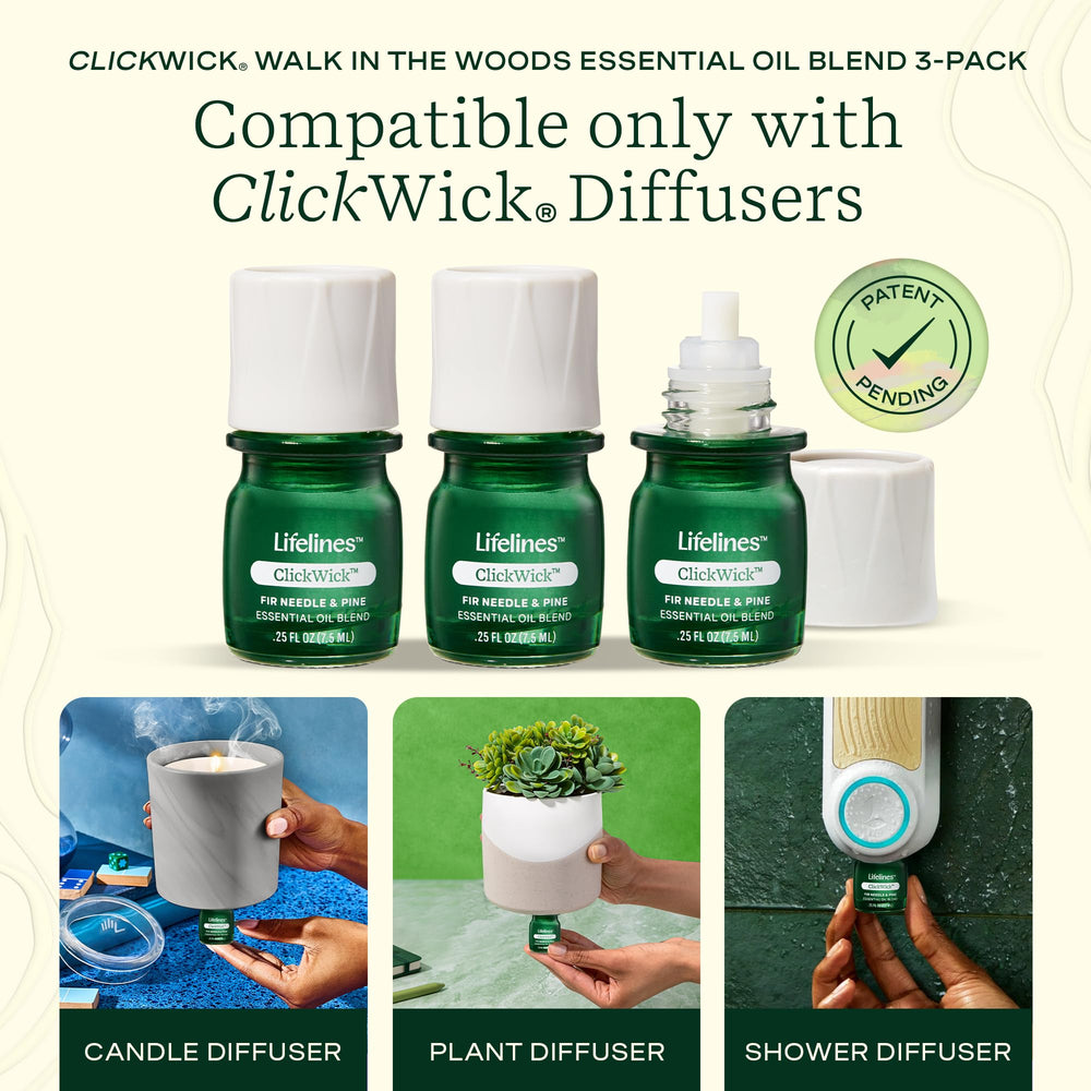 Walk in the Woods ClickWick 3-pack in diffuser display showing easy compatibility.