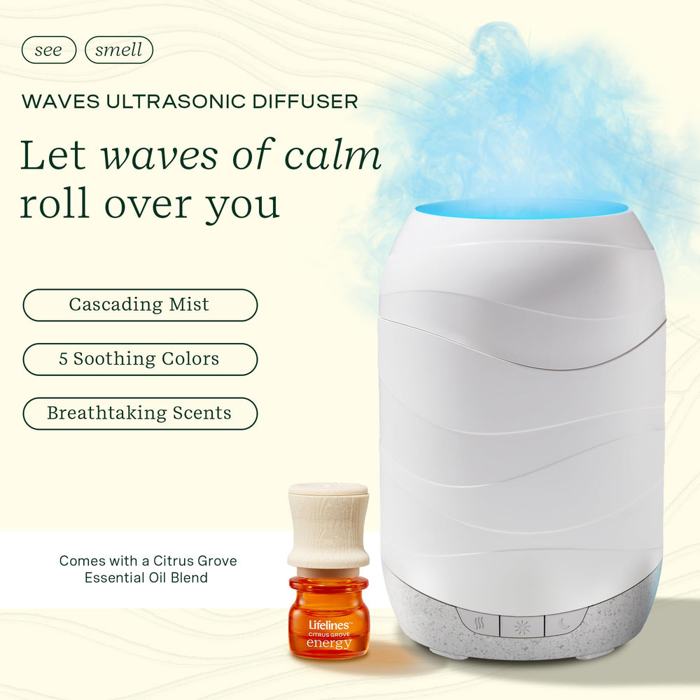 Lifelines Waves diffuser shows color lights to set mood and ambiance.