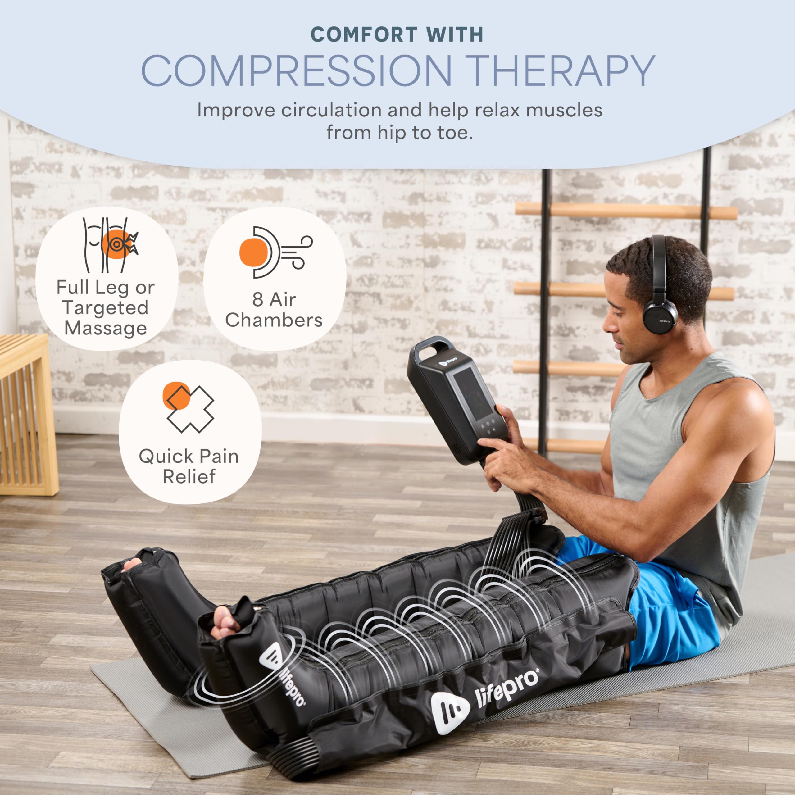 LifePro Air Compression Eight-Chamber Sequence ensures balanced leg coverage during recovery
