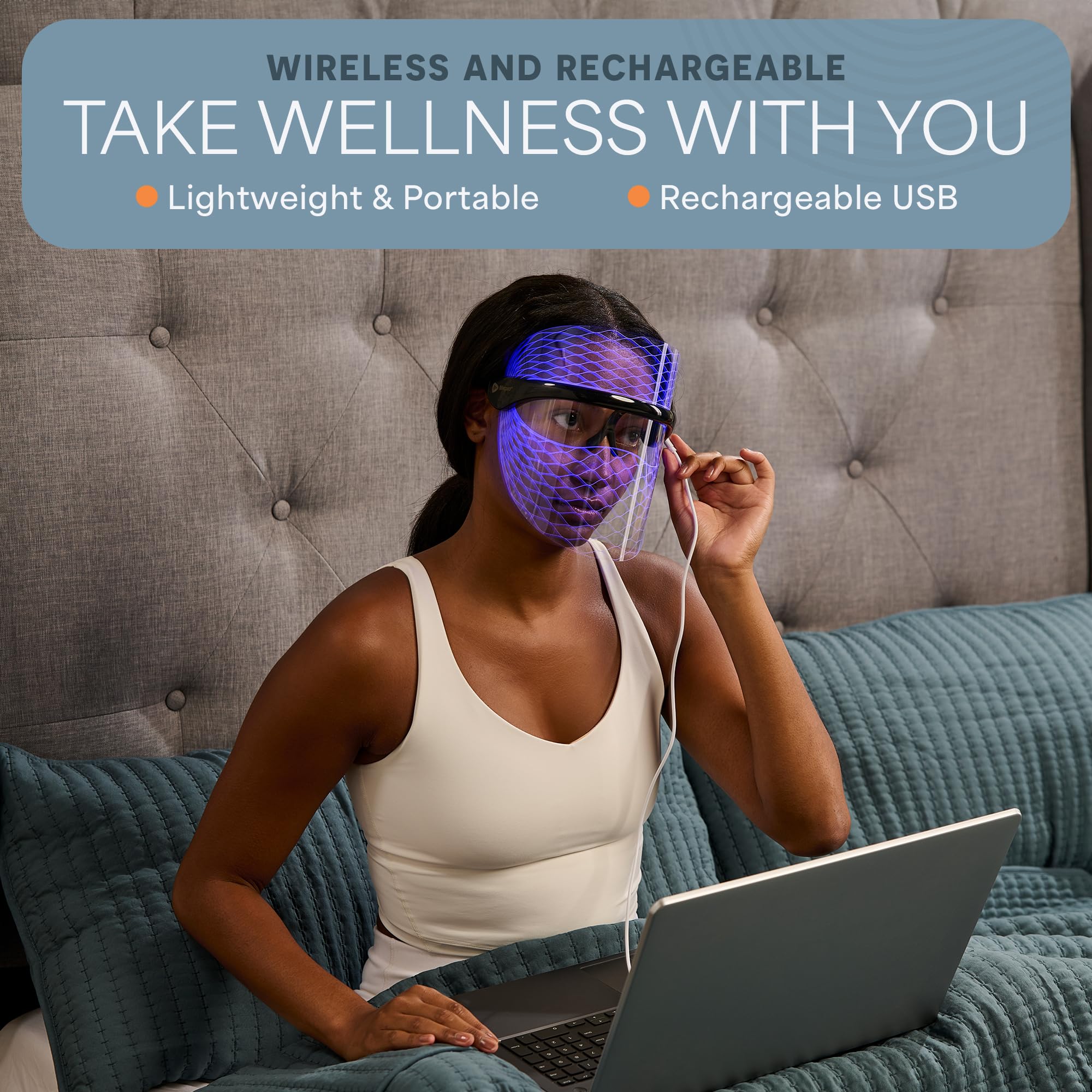 LifePro LED silicone face mask worn during a relaxing facial routine