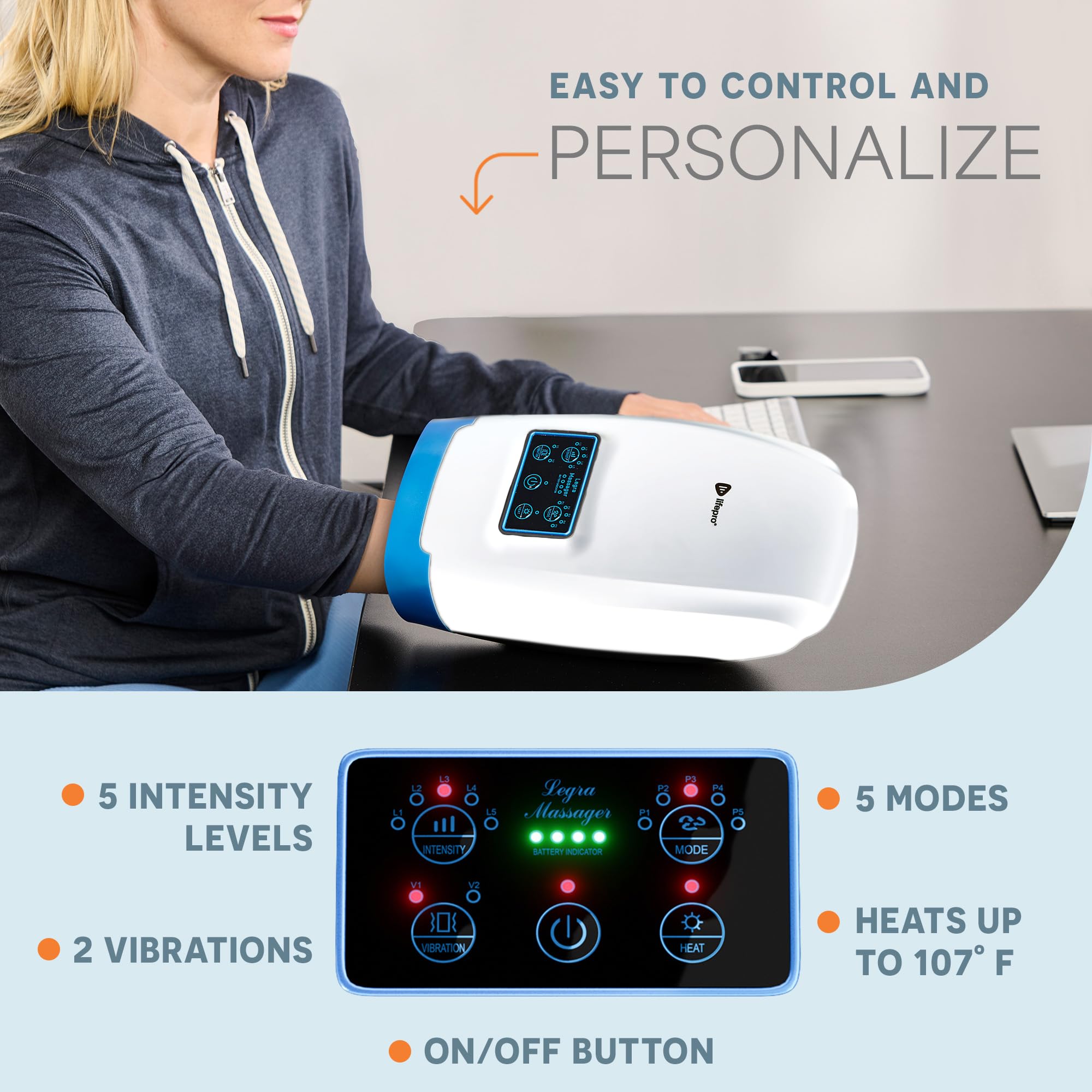 LifePro Legra massager worn on hand during a relaxing session