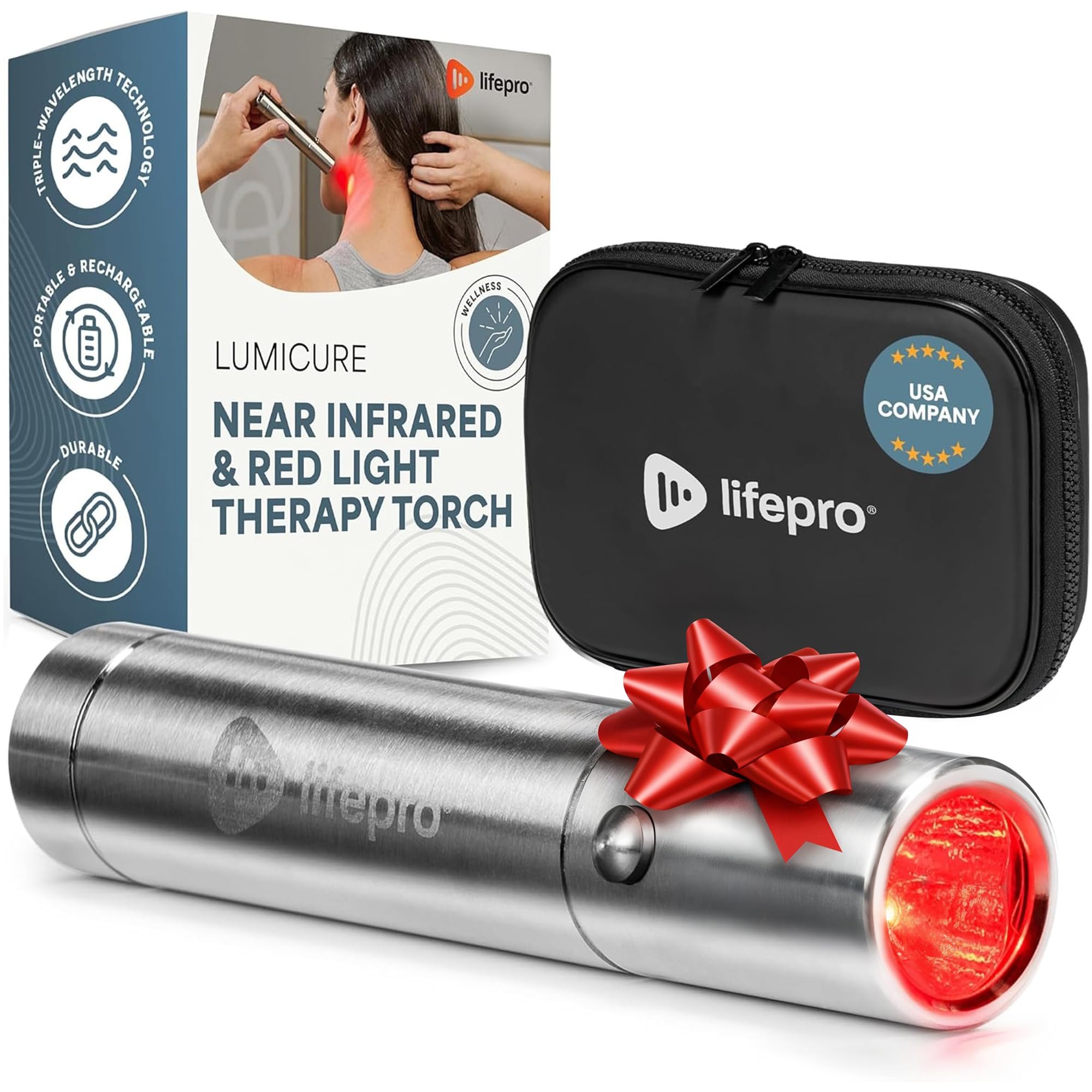 LifePro LumiCure lamp close-up showing three wavelengths for targeted relief at home.