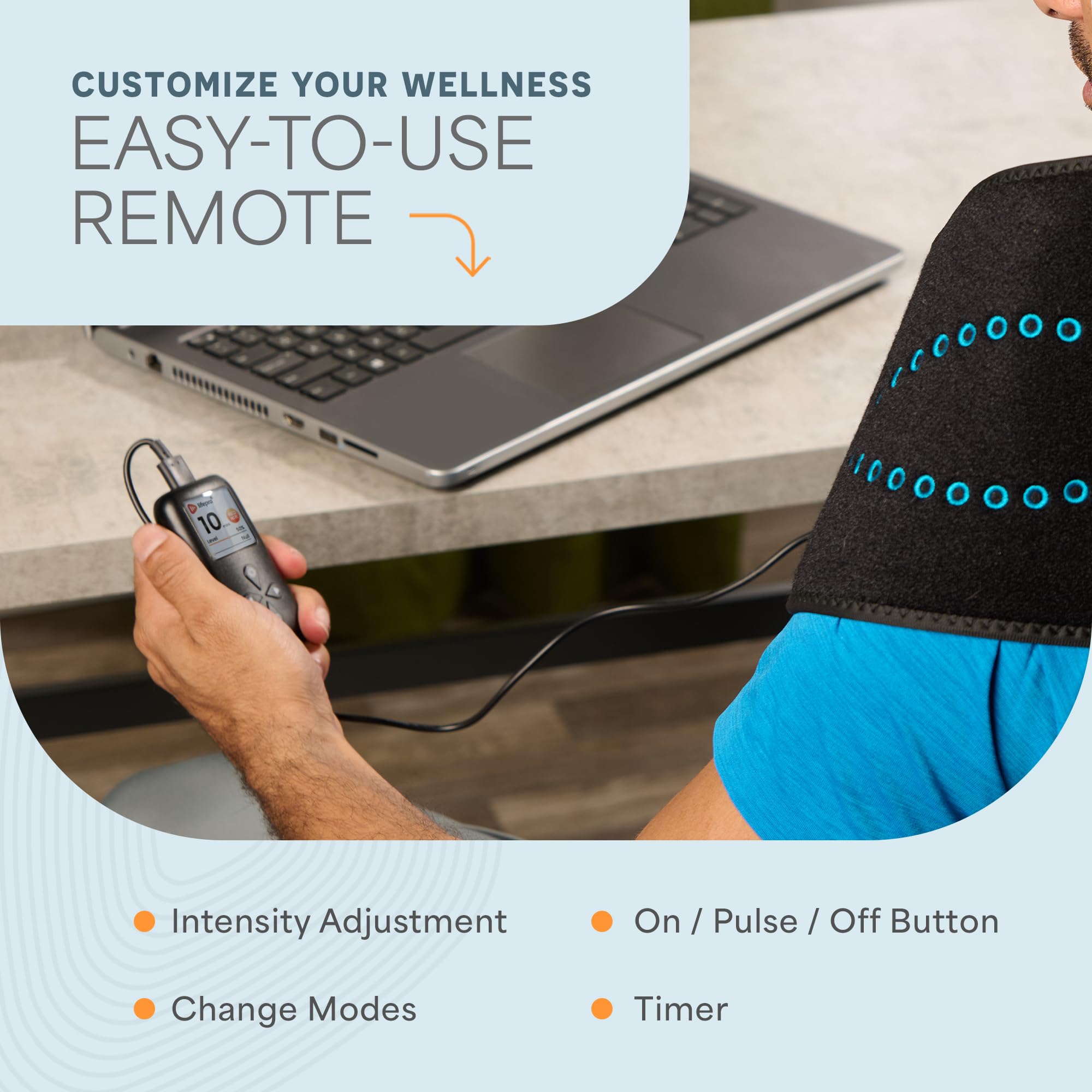 Five intensity levels, five vibration settings, and three therapy modes