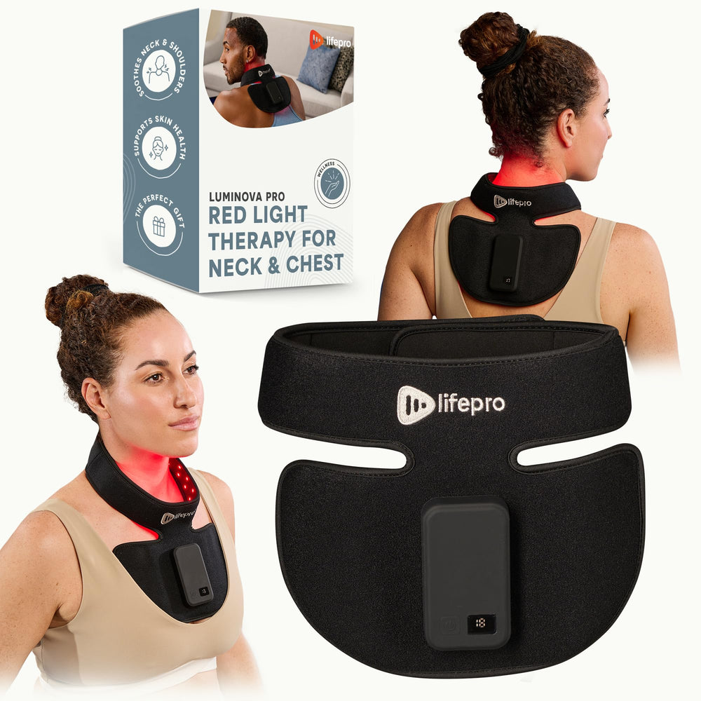 LifePro red light therapy neck wrap closeup shows soft neoprene for targeted neck relief