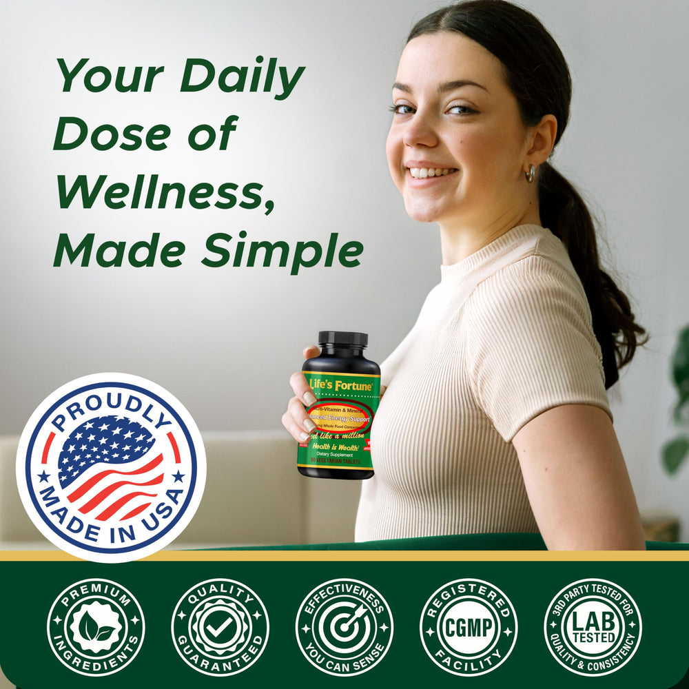 Life's Fortune immune-support tablets illustrate nutrients aiding overall vitality and resilience.