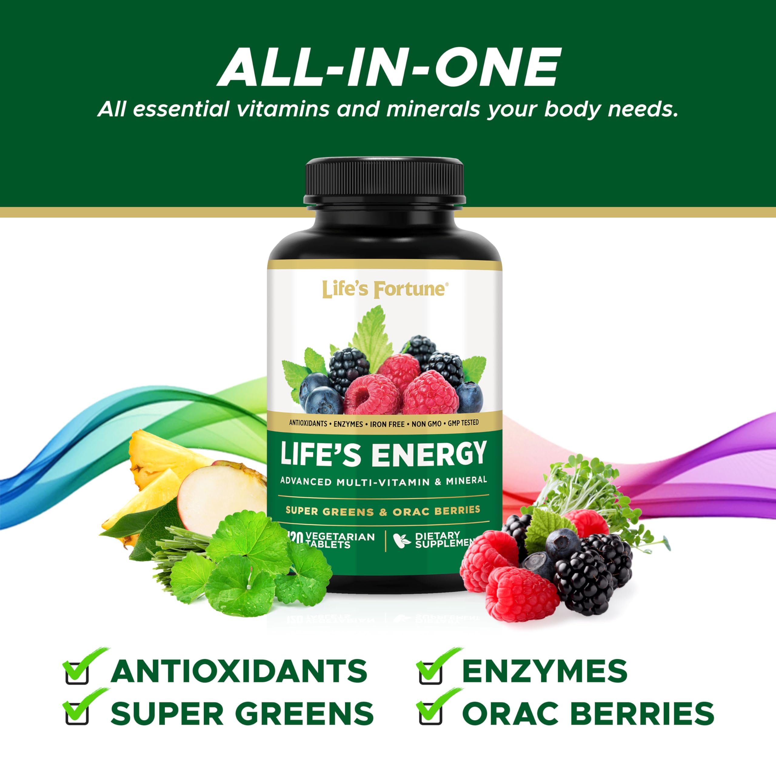 Life's Fortune Lifes Energy tablets on a clean surface show iron-free vegetarian capsules for daily wellness.